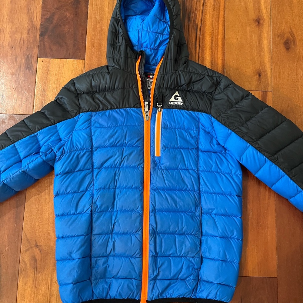 Gerry Weber Blue Puffer Jacket with Black Shoulders and Orange Trim